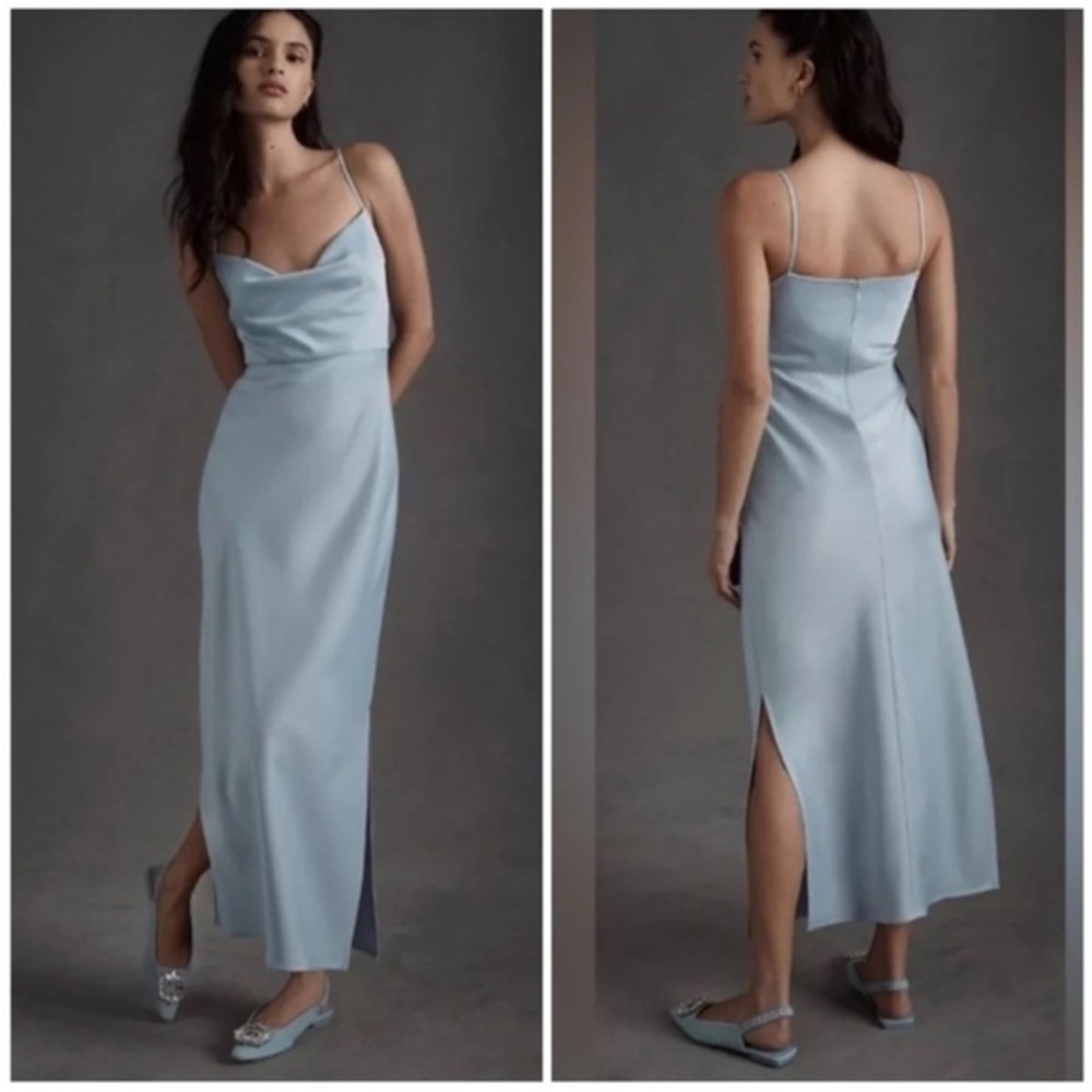 BHLDN Dress Cali Charmeuse Midi Slip Cowl Neck in Satin Ice Blue